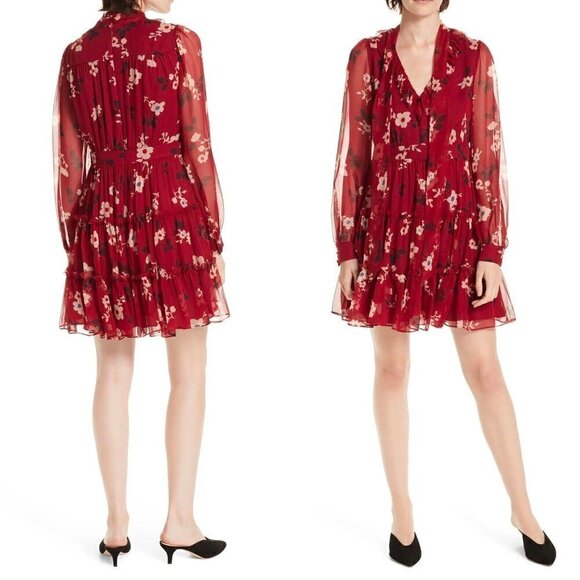kate spade Dresses & Skirts - Kate Spade Size 0 Camelia Silk Chiffon Mini A-line Dress Red Floral Long Sleeve